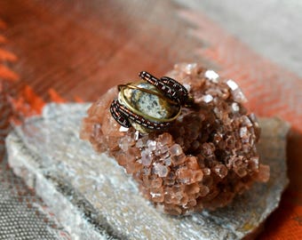 Wire Wrapped Jasper Ring, Colored Copper, Size 7