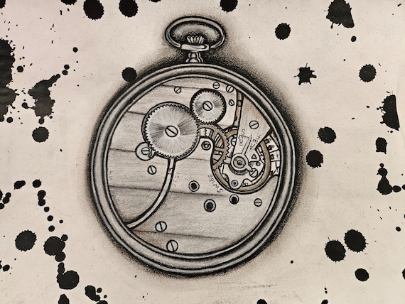 Funcionamiento interno del reloj de bolsillo Dibujo en colores pastel y tinta de 8x10 5