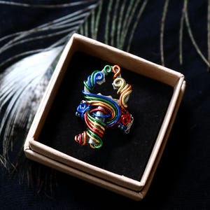 Pode incluir: Um anel de escultura de arame colorido em uma pequena caixa de papelão quadrada com interior preto. O anel apresenta um arco-íris de cores, incluindo vermelho, laranja, amarelo, verde, azul e roxo. O fundo é escuro com uma pena.