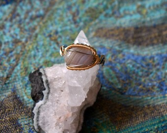 Draadgewikkelde agaatring, handgemaakte koperen sieraden, maat 9