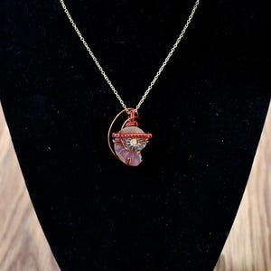 Fossilized Ammonite Slice necklace // minimalist necklace // handmade pendant // polished ammonite slice // wire wrapped pendant // red