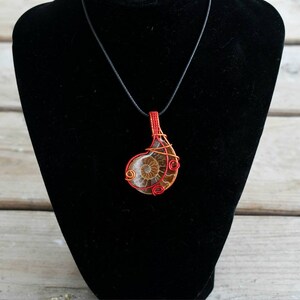 Fossilized Ammonite Slice necklace // minimalist necklace // handmade pendant // polished ammonite slice // wire wrapped pendant // red wire