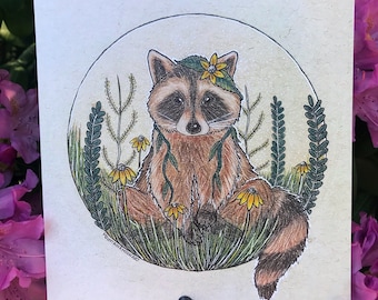 Raccoon in Flowers Square Art Print