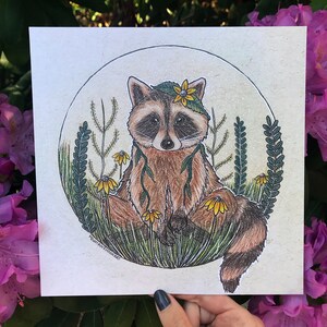 Raccoon in Flowers Square Art Print