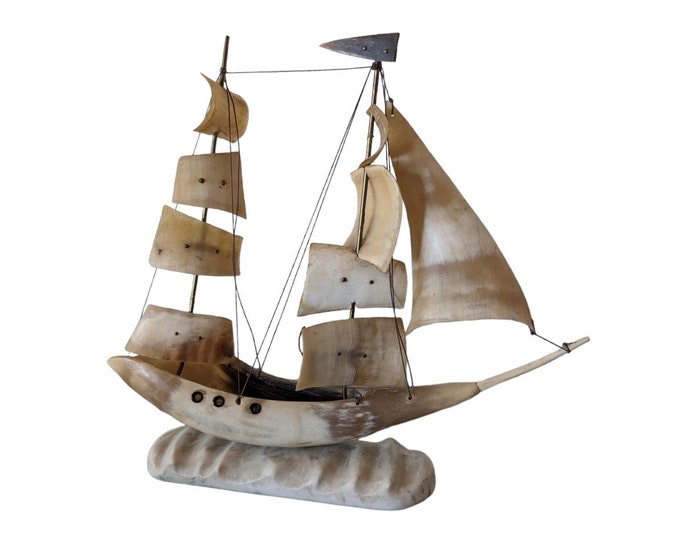 Vintage boat sculpture cow horn bone sailing ship yacht marine sails handmade dome decor retro collectable