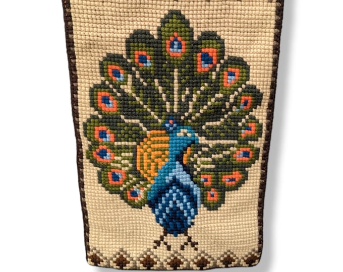 Vintage Norwegian handwoven Peacock Tapestry wall hanging, Norwegian Folk Art, Colorful Retro Look embroided