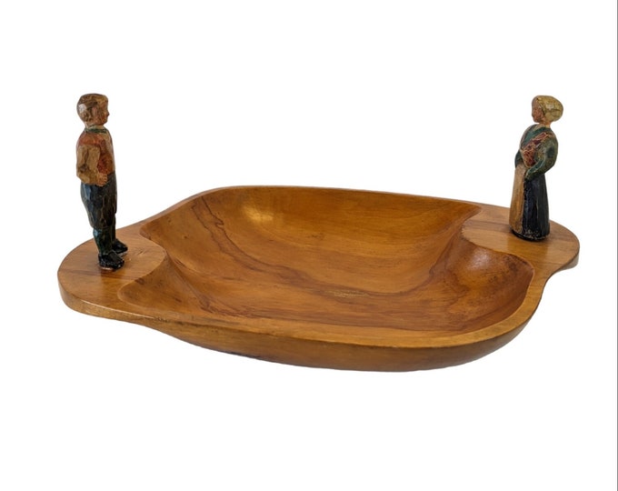 Vintage Norwegian Birch Wood Bowl with Handpainted Farmers Couple Figurines - Unique Home Decor and Storage