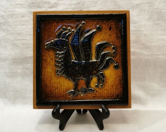 Vintage Brown and black Decor Tile with glaze, Porsgrund Porcelain, Norway, K. Galaaen, wall decor, table decor, hand made.