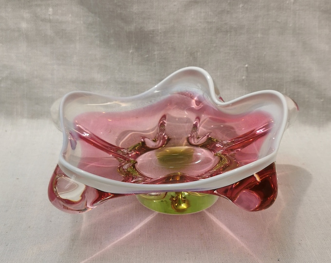 Vintage hand made Bohemian Crystal dish/plate, Beautiful Pink, white and green glass, Decor dish