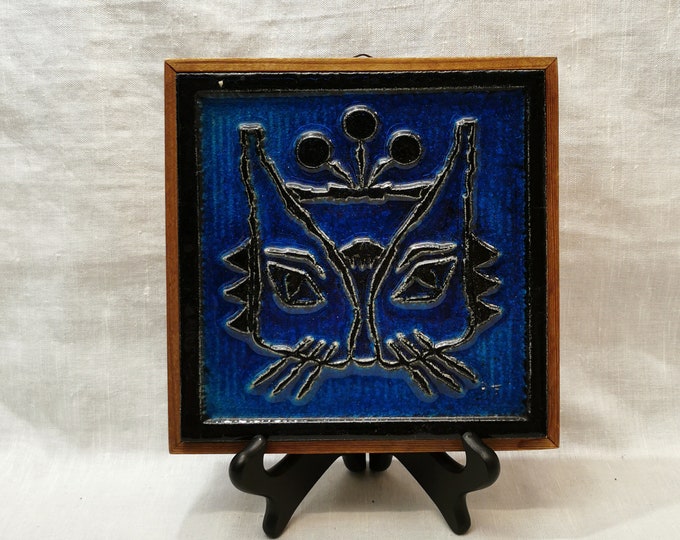 Vintage Blue and Black Decor Tile | Porsgrund Porcelain from Norway by K. Galaaen | Handmade Wall and Table Decor from 1972