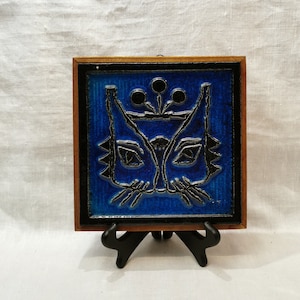Vintage Blue and Black Decor Tile | Porsgrund Porcelain from Norway by K. Galaaen | Handmade Wall and Table Decor from 1972