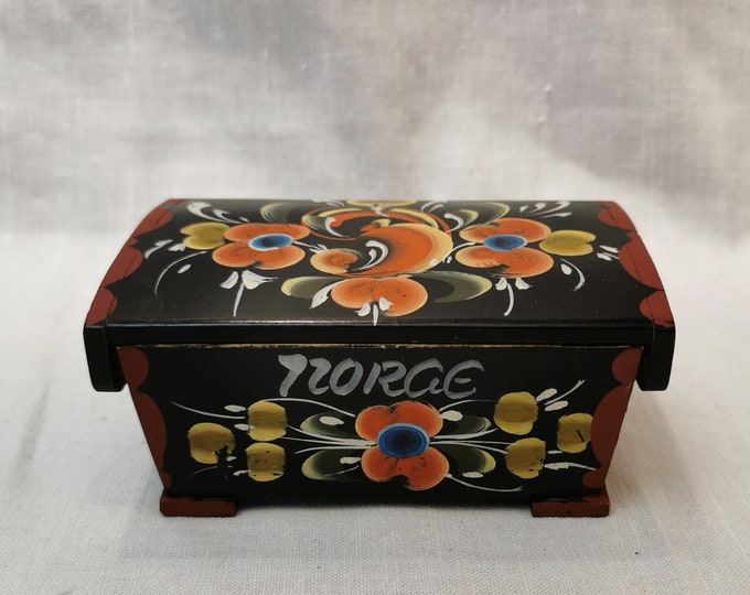 1980 Vintage Miniature Chest - Traditional Scandinavian Folk Art Rosemalt Jewelry Box