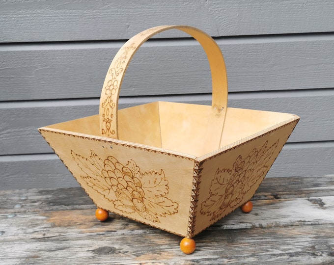 Vintage Norwegian bentwood shipping bucket/basket, Nordic pattern, handmade decor