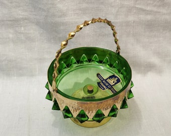 Vintage Hand Made Crystal Brama Basket, England, Pewter Bowl, Handmade Jewelry basket, Decor, Crystal basket with brass