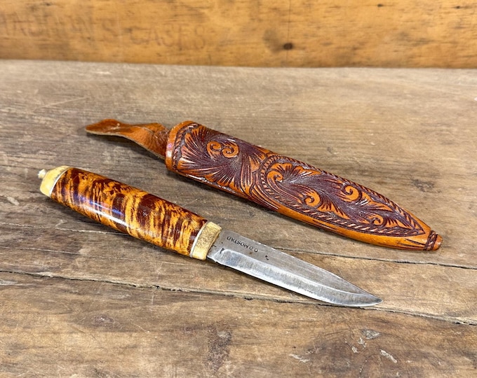 Vintage O.O. Mostad Hand-Made Norwegian Hunting Knife with Flame Birch Shaft - Nordic Gift for Outdoorsmen
