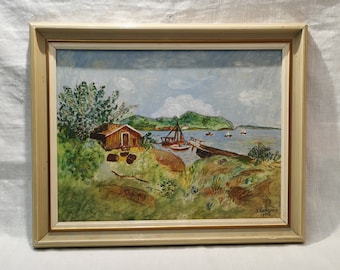 Beautiful wall-mounted hand painted picture, in frame. It is painted in charming Norwegian Coast, on a sunny day, 1959