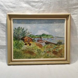 Belle image murale peinte à la main, dans un cadre. Elle est peinte sur la charmante côte norvégienne, par une journée ensoleillée, 1959
