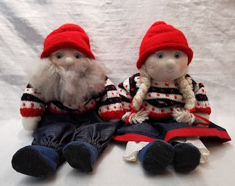Vintage Norwegian hand knitted Santa Claus Couple, husband and wife Christmas Decoration,