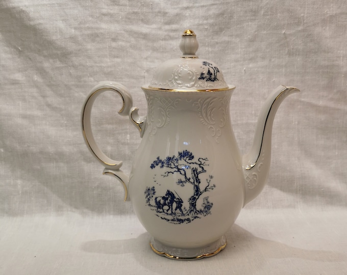 Vintage Signed Bavaria Tea Pot with Blue Horse and Forest Details | Great Condition
