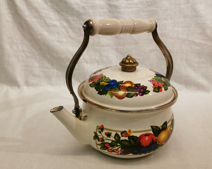 Elegant Fruit Decor Enamel Tea Pot | Vintage Vibes | Porcelain Handle | White Tea Kettle