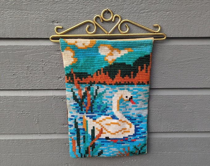 Colorful Retro Vintage Norwegian Handwoven Swan Tapestry with Brass Top