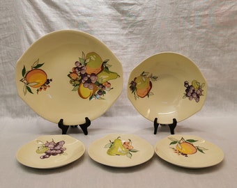 Charming Vintage Norwegian Fruit Set by Figgjo Flint Norway | Yellow with Hand-Painted Fruits | Colorful Retro Tableware
