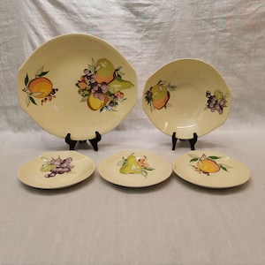 Charming Vintage Norwegian Fruit Set by Figgjo Flint Norway | Yellow with Hand-Painted Fruits | Colorful Retro Tableware