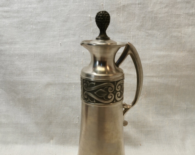 LTB Tinn Norway Pewter 1950s, unique Handmade Carafe, Rosepaint/farmers design