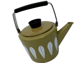 Authentic Norwegian Vintage Catherineholm Enamel Tea/Coffee Pot - 1960s Olive Green Lotus Flower Design
