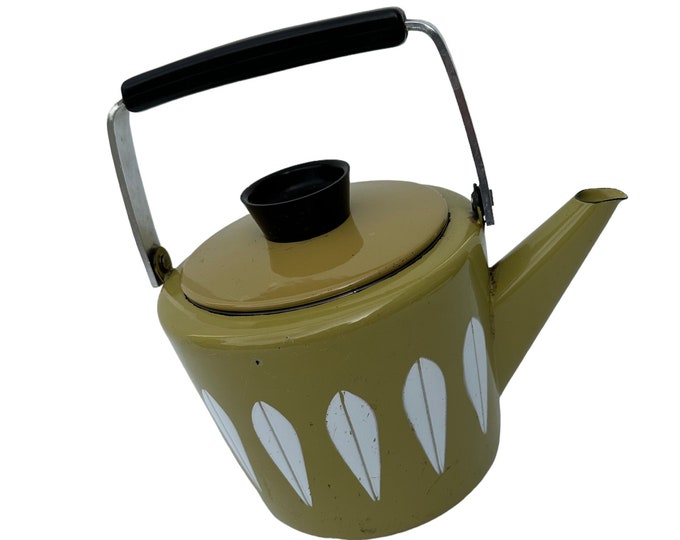 Authentic Norwegian Vintage Catherineholm Enamel Tea/Coffee Pot - 1960s Olive Green Lotus Flower Design