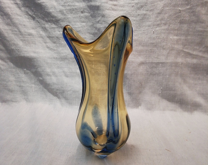 Vintage Bohemian Crystal Glass Vase, From Czechoslovakia, Beautiful Yellow and Blue color with Bubbles in the glass. Great for Decor