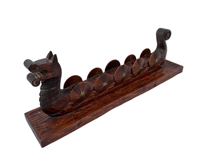 Exquisite Vintage Nordic Handmade Wooden Viking Ship - Unique Nautical Decor