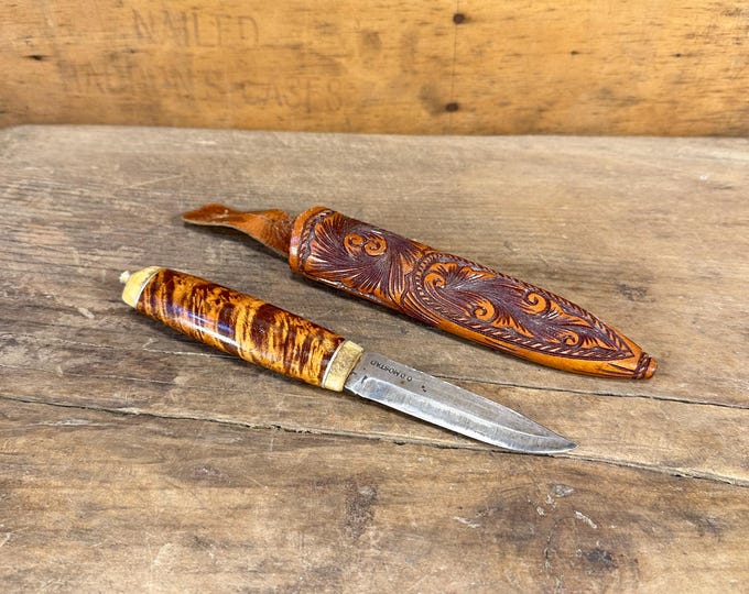 Vintage O.O. Mostad Hand-Made Norwegian Hunting Knife with Flame Birch Shaft - Nordic Gift for Outdoorsmen