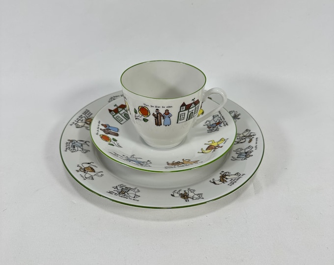 Vintage Norwegian Porsgrund Porcelain Rare Breakfast Trio - Wedding Procession - Scandinavian Folk Art