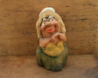 Vintage Norwegian Hand Carved Henning Figurine - Wooden Troll Woman - Charming Scandinavian Collectible