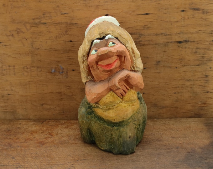Vintage Norwegian Hand Carved Henning Figurine - Wooden Troll Woman - Charming Scandinavian Collectible