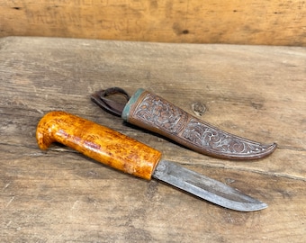 Norwegian Knife Flame Birch Handle | Hand Forged Blade | Carved Leather Sheath Nordic Pattern | Folk Art Collectible