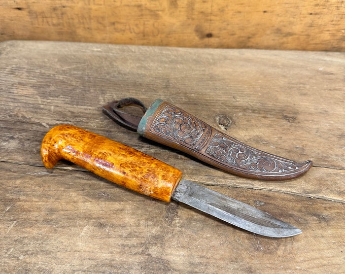 Hand-Forged Norwegian Knife with Carved Leather Sheath - Flame Birch Handle - Nordic Pattern - Gift for Collector