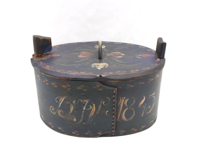 Antique Norwegian Oval Bentwood Box | Dated 1845 Folk Art Storage | Hand Painted Rose Design with Secondary 19th c. Decoration