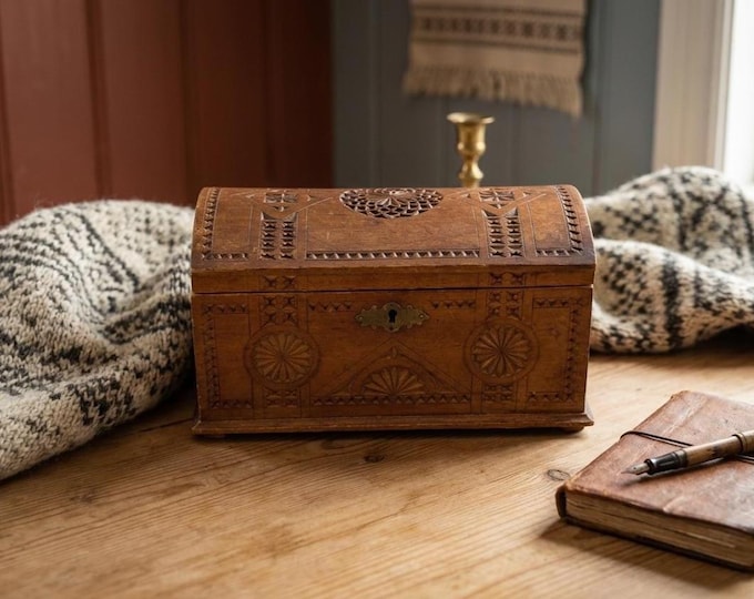 Antique Norwegian Karveskurd Chest | 1910s Hand Carved Geometric Wood Box | Domed Lid Scandinavian Folk Art Keepsake Jewelry Storage Box