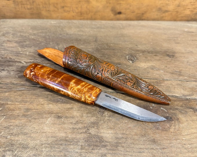 Hand-Forged Norwegian Knife Blade by Finn Valle with Carved Leather Sheath - Hunting & Fishing Companion