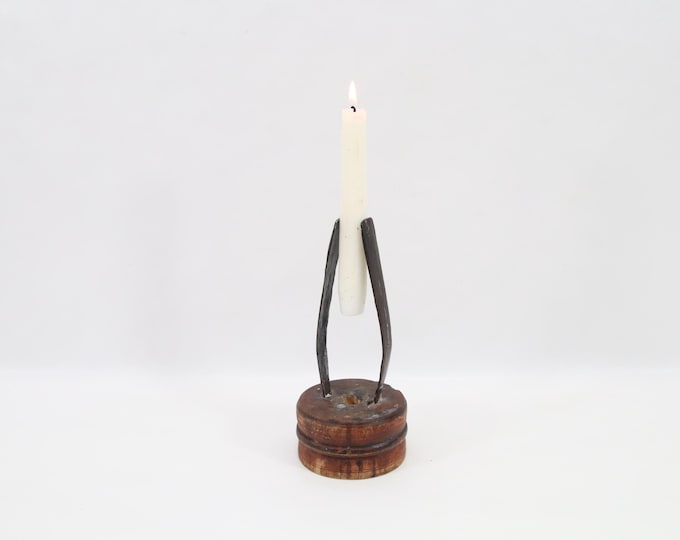 Antique Norwegian Rushlight Holder 19th C | Folk Art Poor Man’s Candlestick | Hand Forged Iron & Wood | Rustic Scandinavian Decor