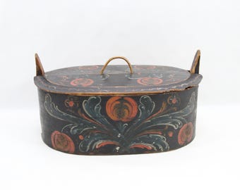 Norwegian Bentwood Tine Box 1800s | Hand Painted Folk Art with Original Patina | Antique Scandinavian Storage Box