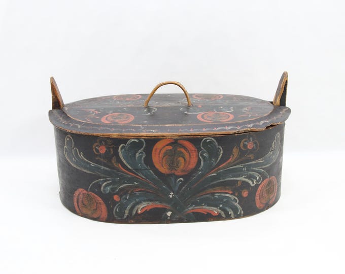 Norwegian Bentwood Tine Box 1800s | Hand Painted Folk Art with Original Patina | Antique Scandinavian Storage Box