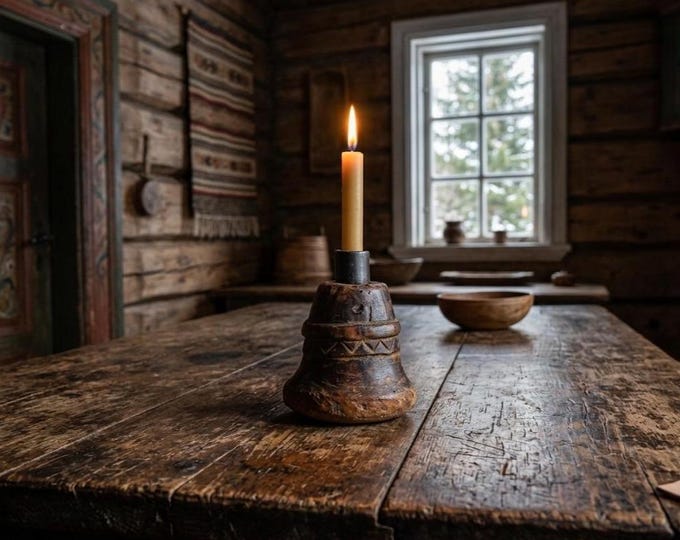 17th Century Scandinavian Scale Weight Candlestick | Antique Wood Iron Candle Holder | Primitive Make Do Folk Art Rustic Decor