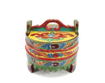 Antique 1910s Norwegian Tine Box | Hand Painted Rosemaling Acanthus Round Bentwood Folk Art Chest