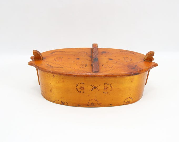 Antique Scandinavian Bentwood Tine Box | 1910s Folk Art Jewelry Box | Pyrography Decor Wooden Storage Chest