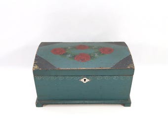 Antique Norwegian Painted Jewelry Box 1920s | Folk Art Wooden Chest with Floral Rose Motifs | Rustic Scandinavian Handcrafted Decor