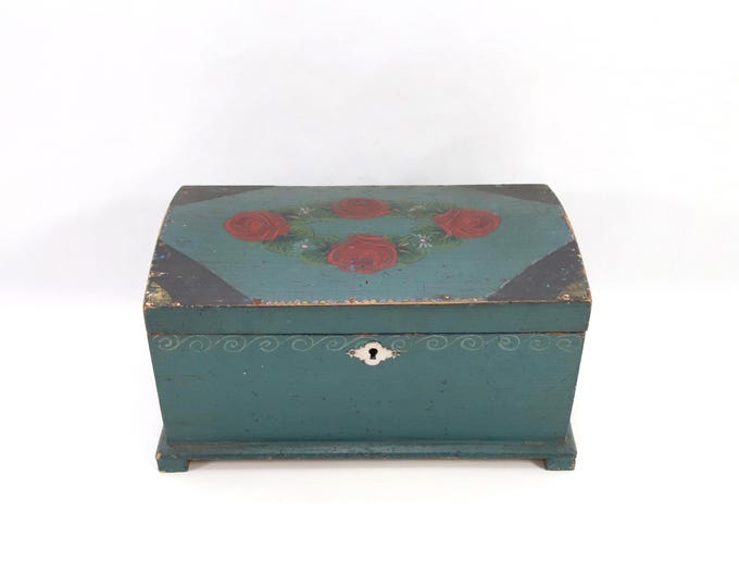 Antique Norwegian Painted Jewelry Box 1920s | Folk Art Wooden Chest with Floral Rose Motifs | Rustic Scandinavian Handcrafted Decor