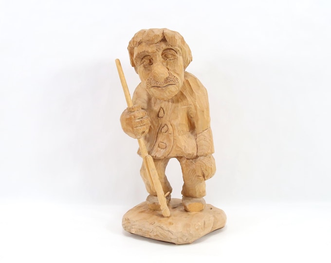 Norwegian Wood Carving 1974 Signed T Aase | Old Man Walking Stick Figure | Hand Carved Folk Art Sculpture | Vintage Collectible